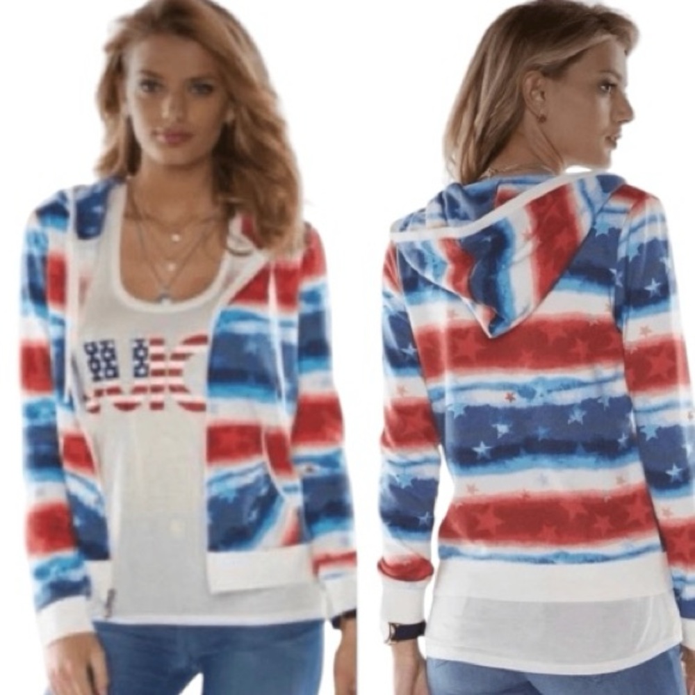 Juicy Couture Red White & Blue Tie-Dye Stars Stripes Full Zip Hoodie Jacket - Picture 2 of 10